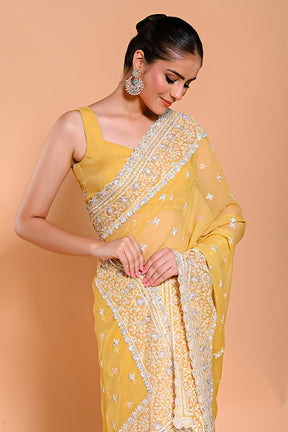 Pale Yellow Color Embroidered Crush Tissue Saree