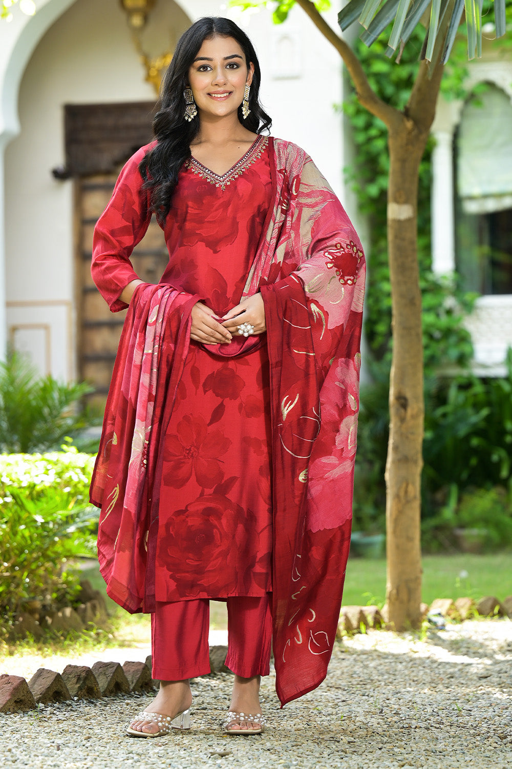 Persian Red Color Muslin Printed Straight Suit