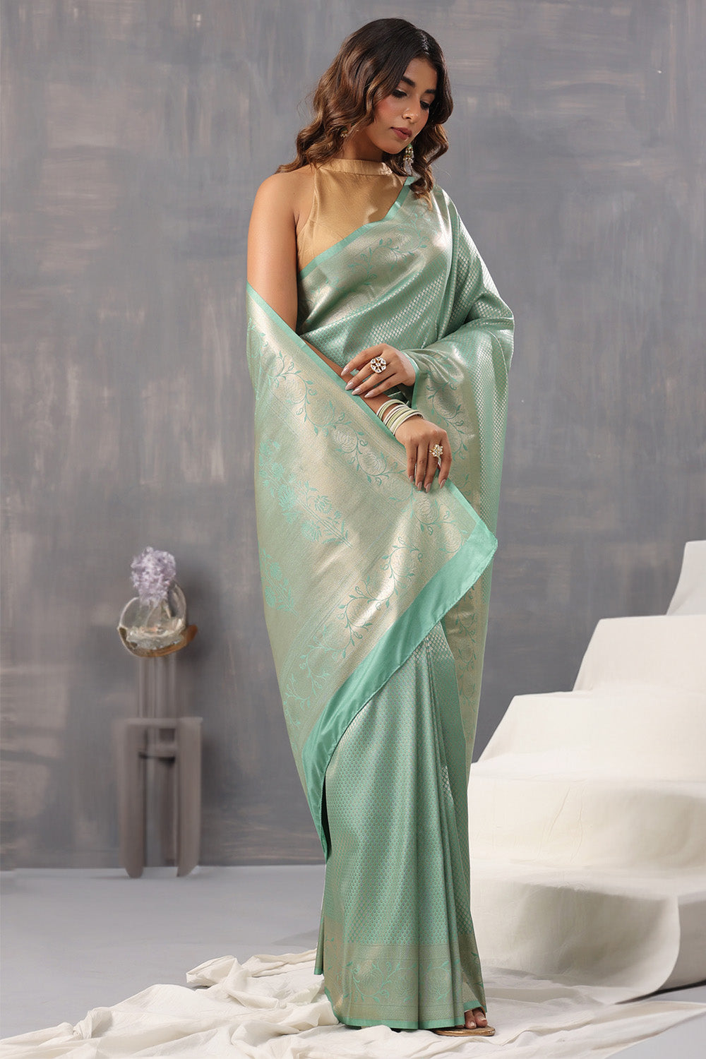 Sea Green Color Silk Woven Saree