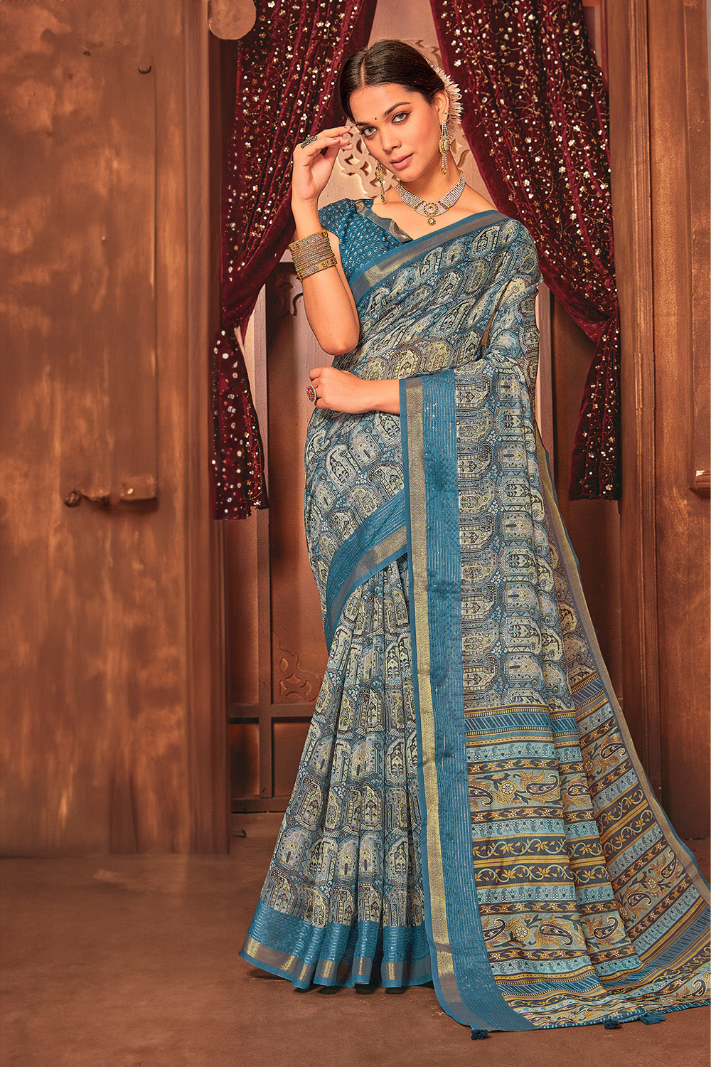 Blue Color Digital Printed Cotton Saree