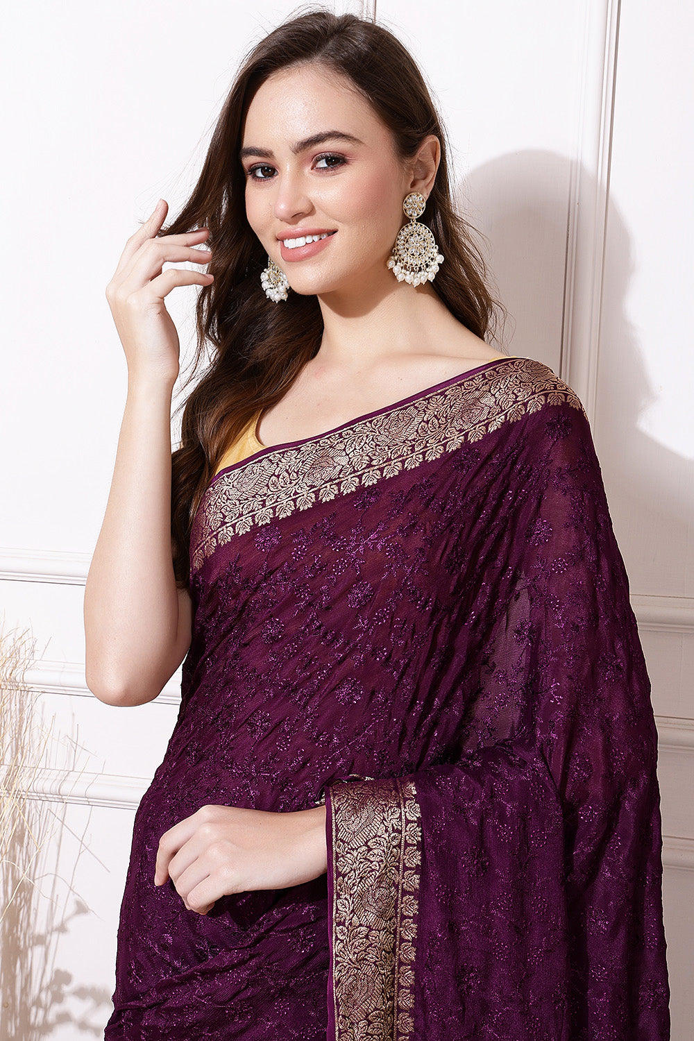 Dusty Purple Color Georgette Resham Embroidered Saree