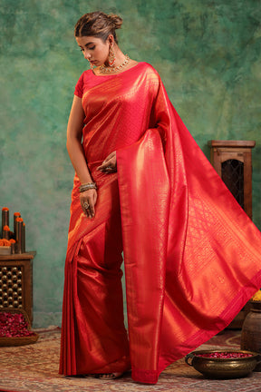 Deep Carmine Pink Colour Silk Zari Woven Saree