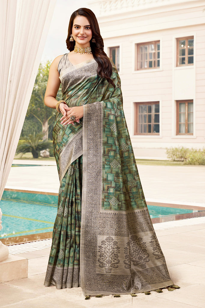 Beige & Green Color Cotton Silk Printed Saree