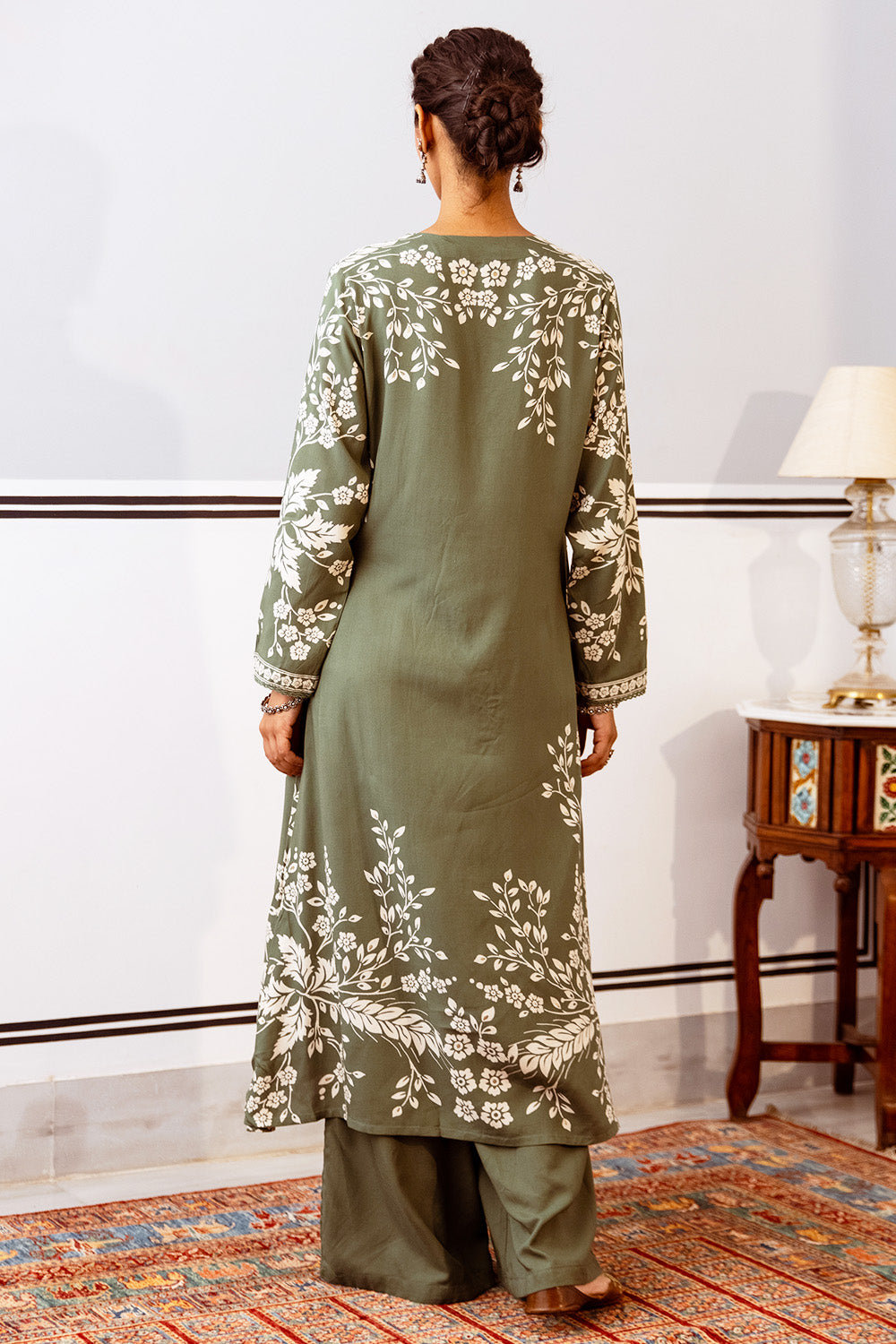 Green Color Floral Rayon Printed Kurta Set With Palazzo