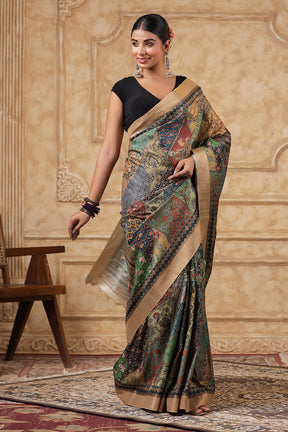 Green & Beige Color Printed Cotton Saree