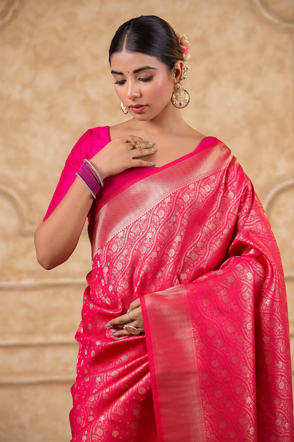 Fuschia Pink Silk Woven Saree