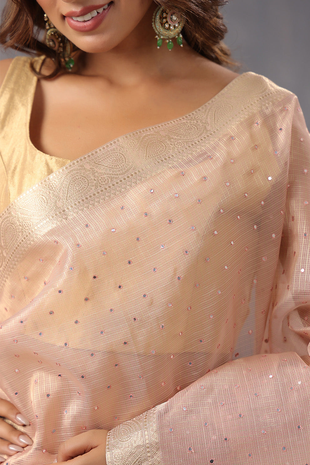 Dusty Peach Color Kota Silk Mirror Embroidered Saree