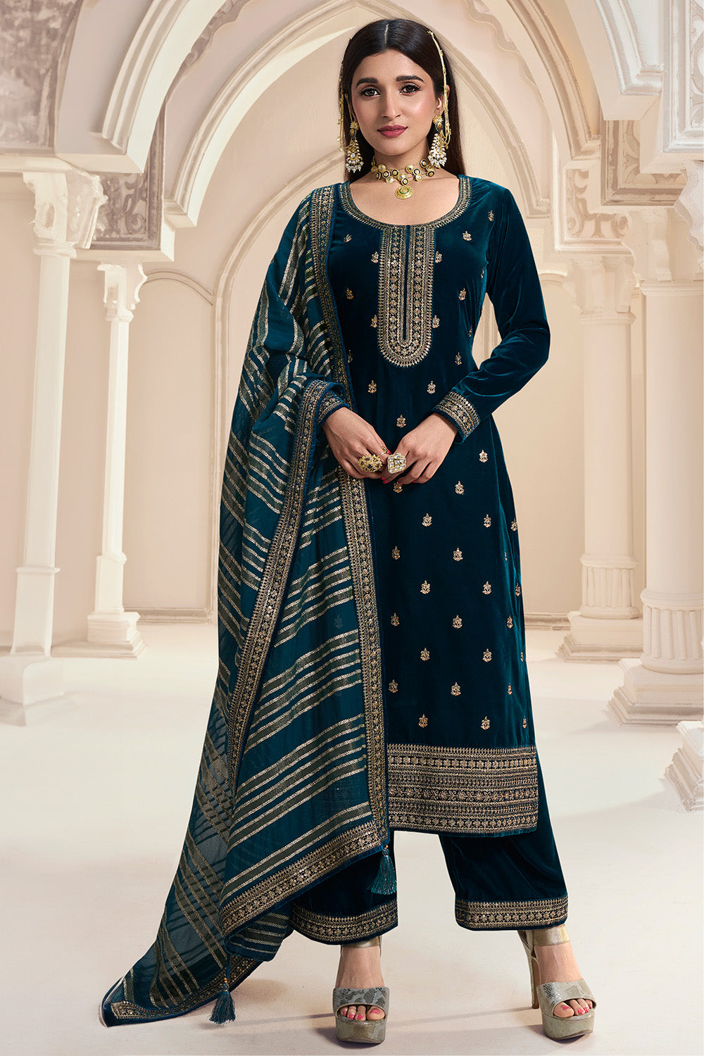 Teal Blue Color Embroidered Velvet Unstitched Suit Material