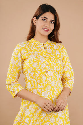 Yellow Colour Cotton Printed Long Kurti