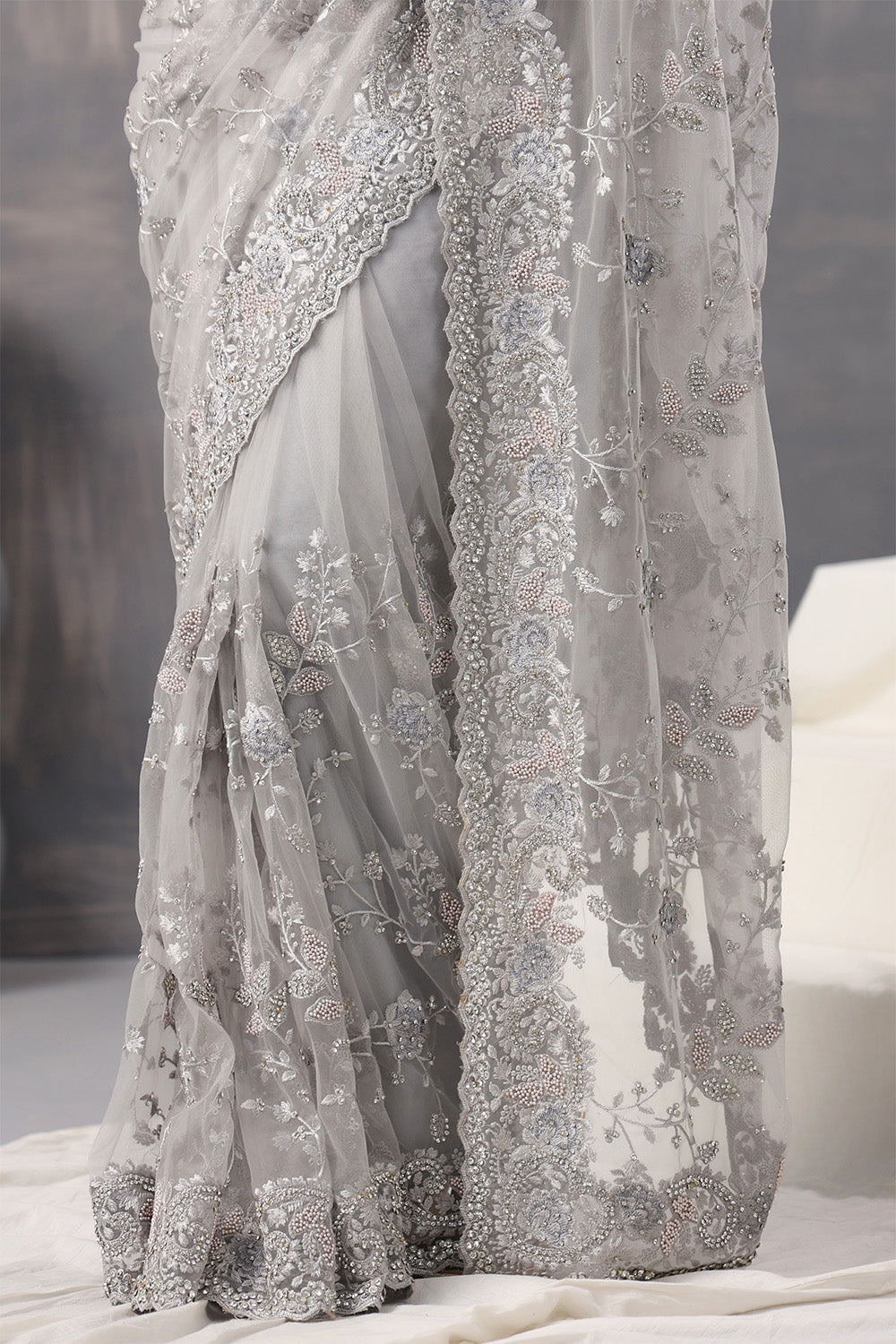 Grey Color Net Embroidered Saree