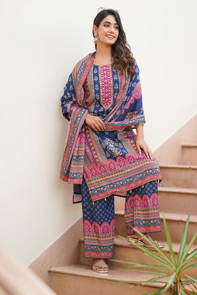 Navy Color Crepe Neck Embroidered & Printed Suit With Palazzo