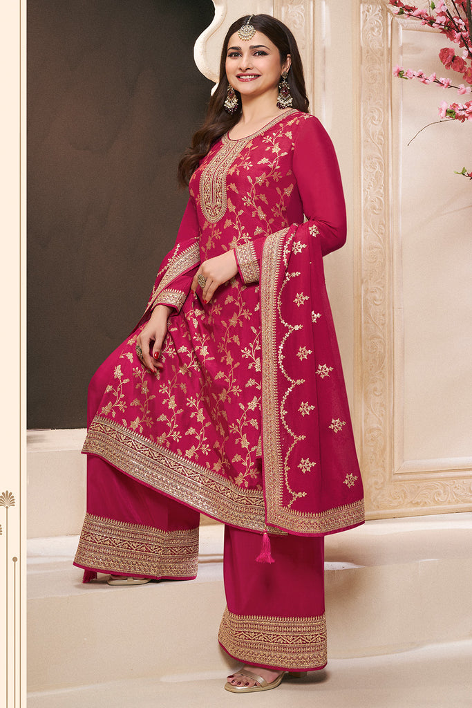 Fuchsia Pink Color Silk Woven and Embroidered Unstitched Suit Fabric