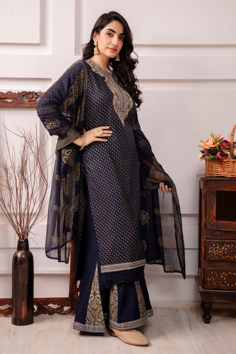 Navy Color Cotton Printed Sharara Suit