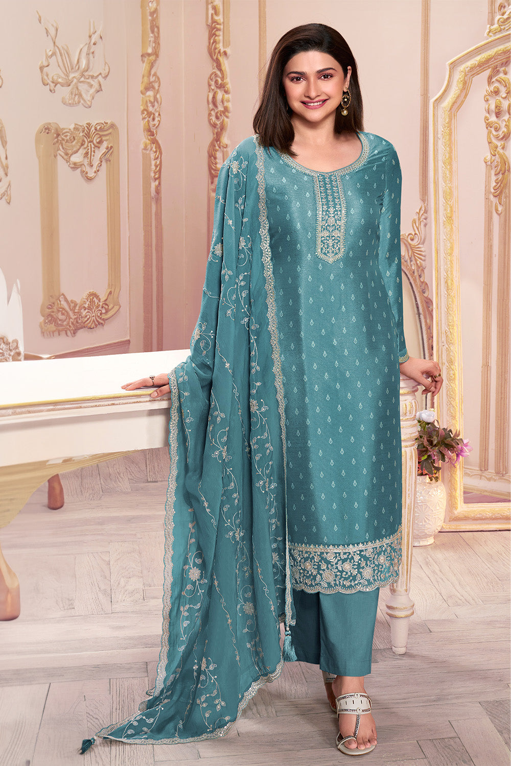 Stone Blue Color Embroidered Silk Unstitched Suit Material