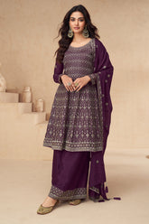 Wine Berry Color Crepe Embroidered Suit With Palazzo