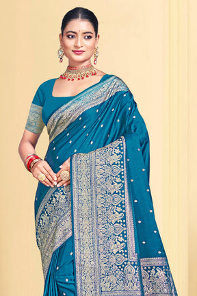 Peacock Blue Color Zari Woven Silk Saree