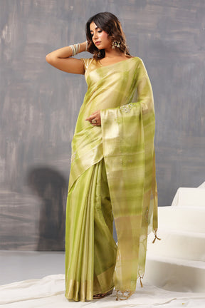 Green Color Organza Tissue Golden Zari Woven Saree