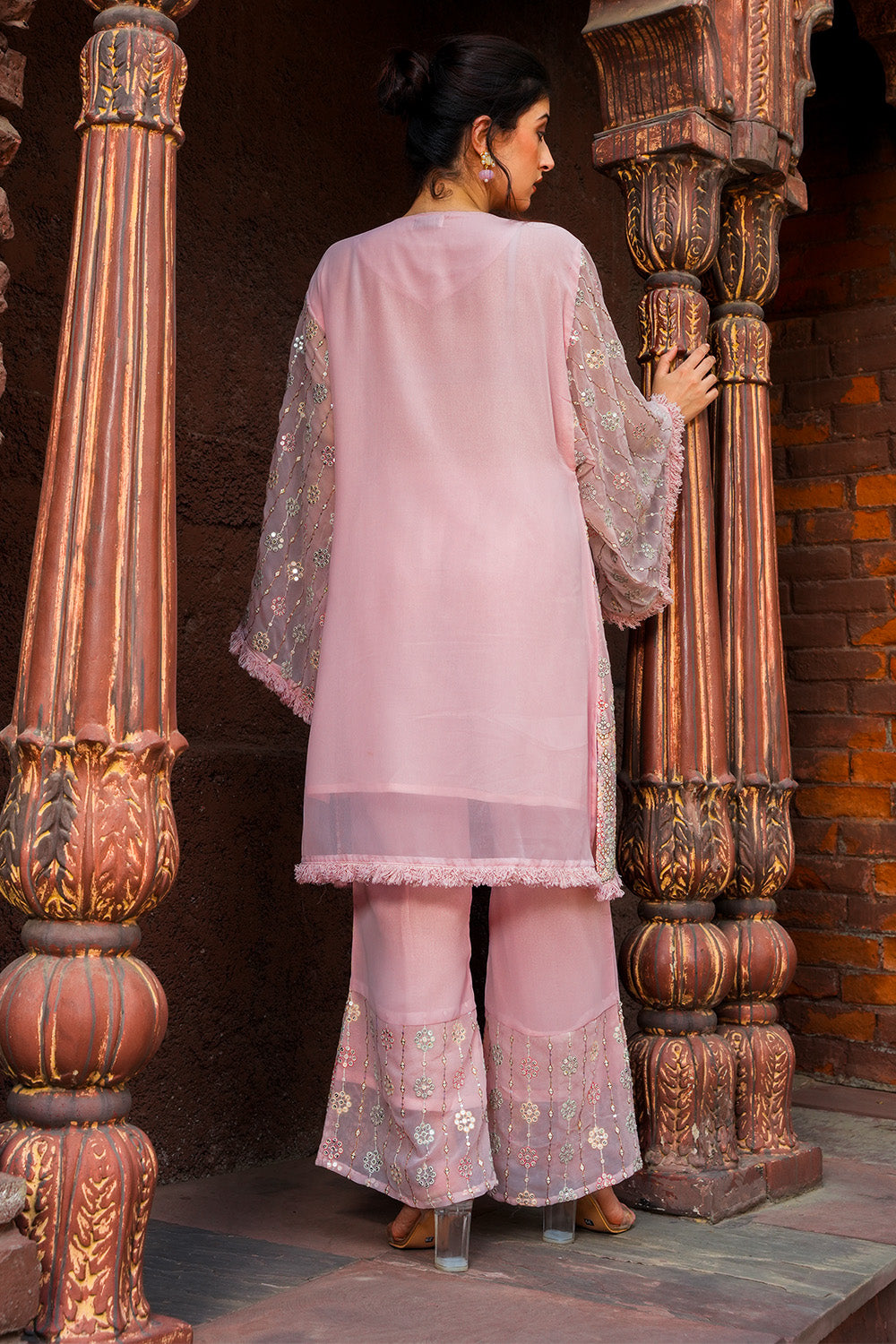 Rose Pink Color Georgette Mirror & Thread Embroidered Kurta Set