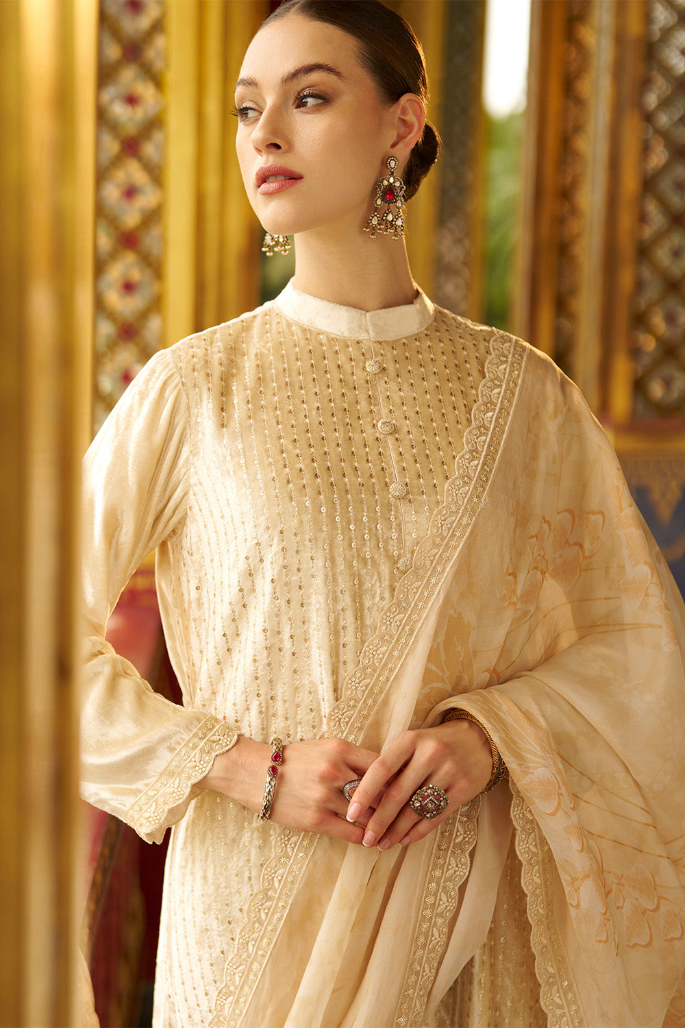 Cream Color Velvet Sequins & Thread Embroidered Unstitched Suit Fabric