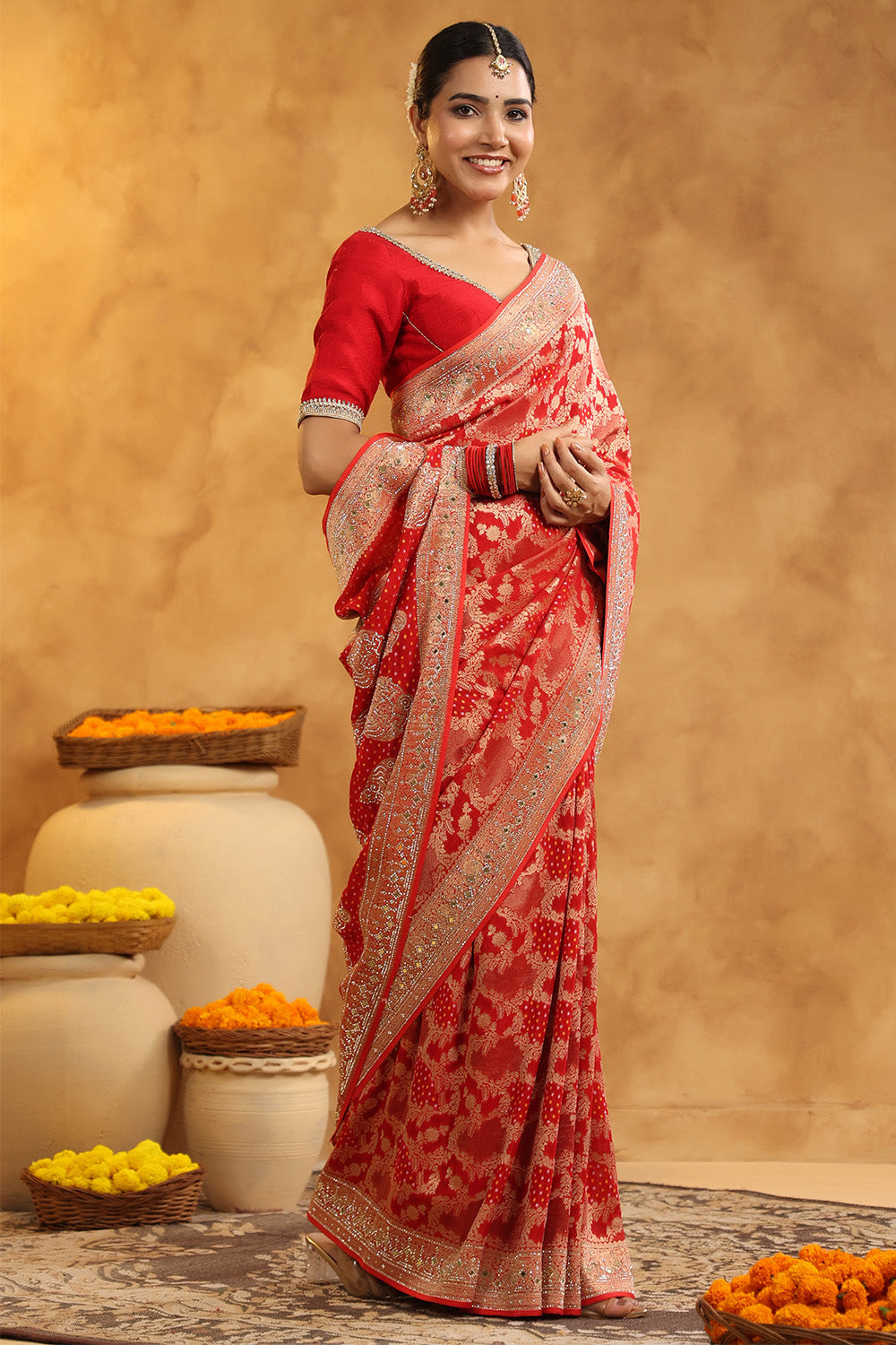 Red Color Khhadi Georgette Woven Saree