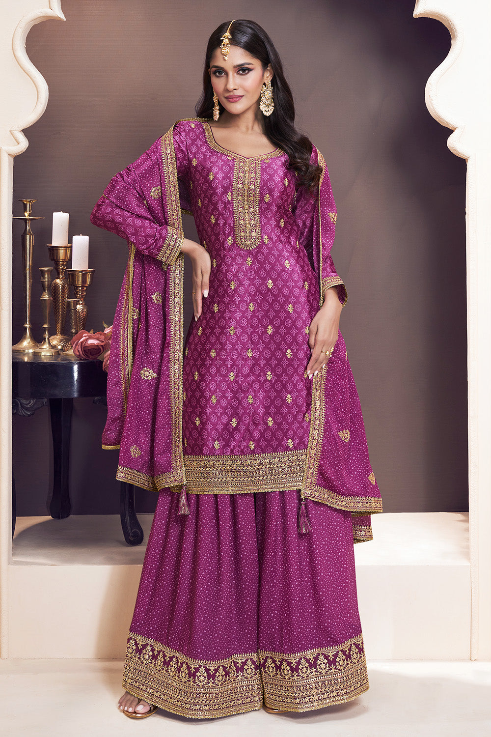 Dark Raspberry Color Bandhani Printed & Embroidered Crepe Silk Unstitched Suit Material With Readymade Palazzo