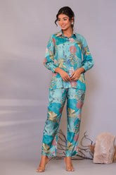 Turquoise Color Muslin Floral Printed Co-Ord Dress