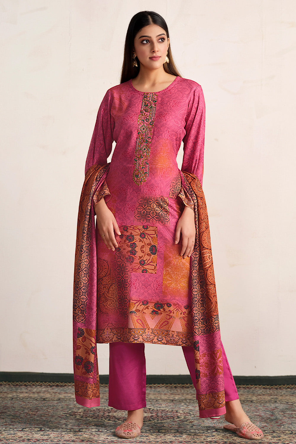 Deep Rose Color Spun Embroidered and Printed Unstitched Suit Material