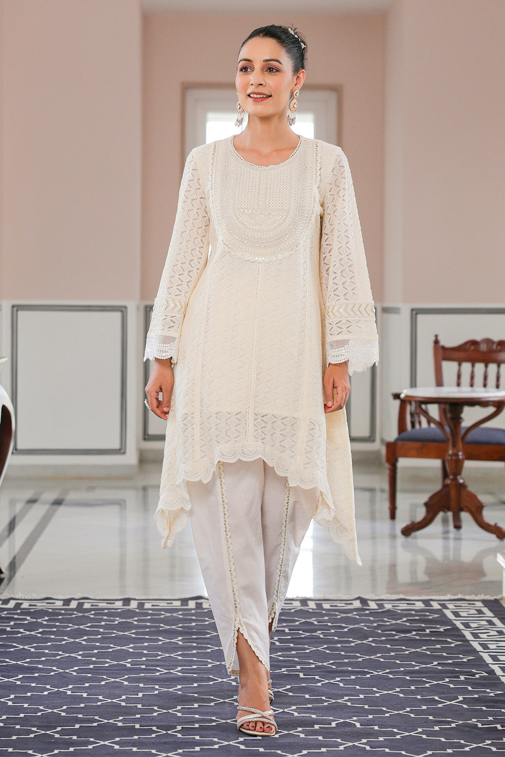 Cream Color Cotton Chikankari Kurta Set