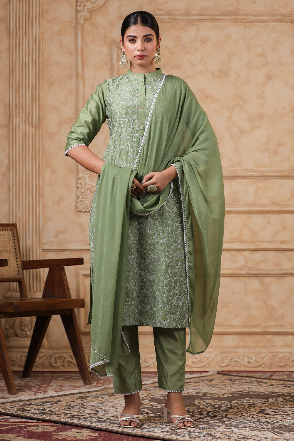 Green Color Chanderi Resham Embroidered Straight Suit