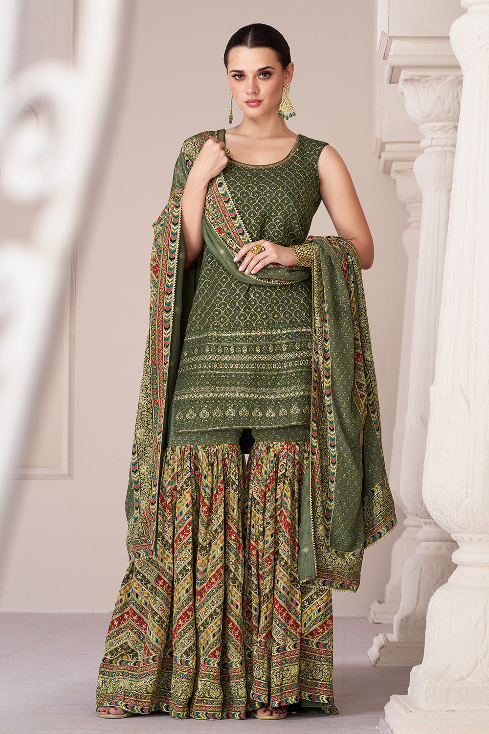 Green Color Sequins & Swarovski Embroidered Silk Peplum Gharara Suit