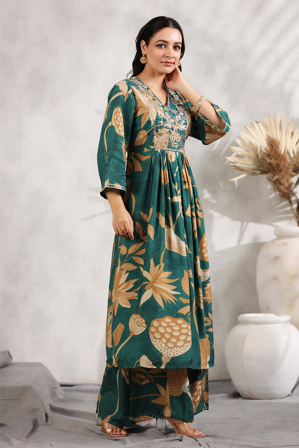 Teal Color Neck Embroidered & Printed Muslin Kurta Set