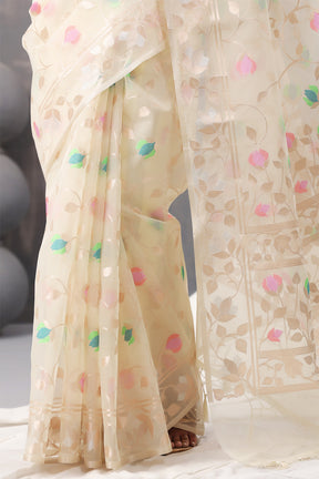 Cream Color Organza Woven Saree