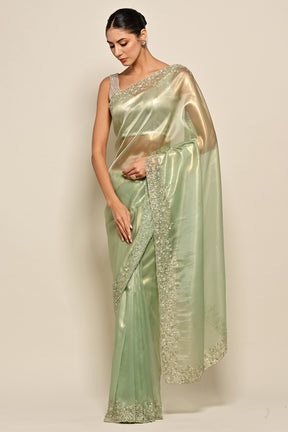 Mint Green Color Mantellic Tissue Embroidered Saree