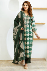 Green & Beige Color Muslin Checks Printed Suit