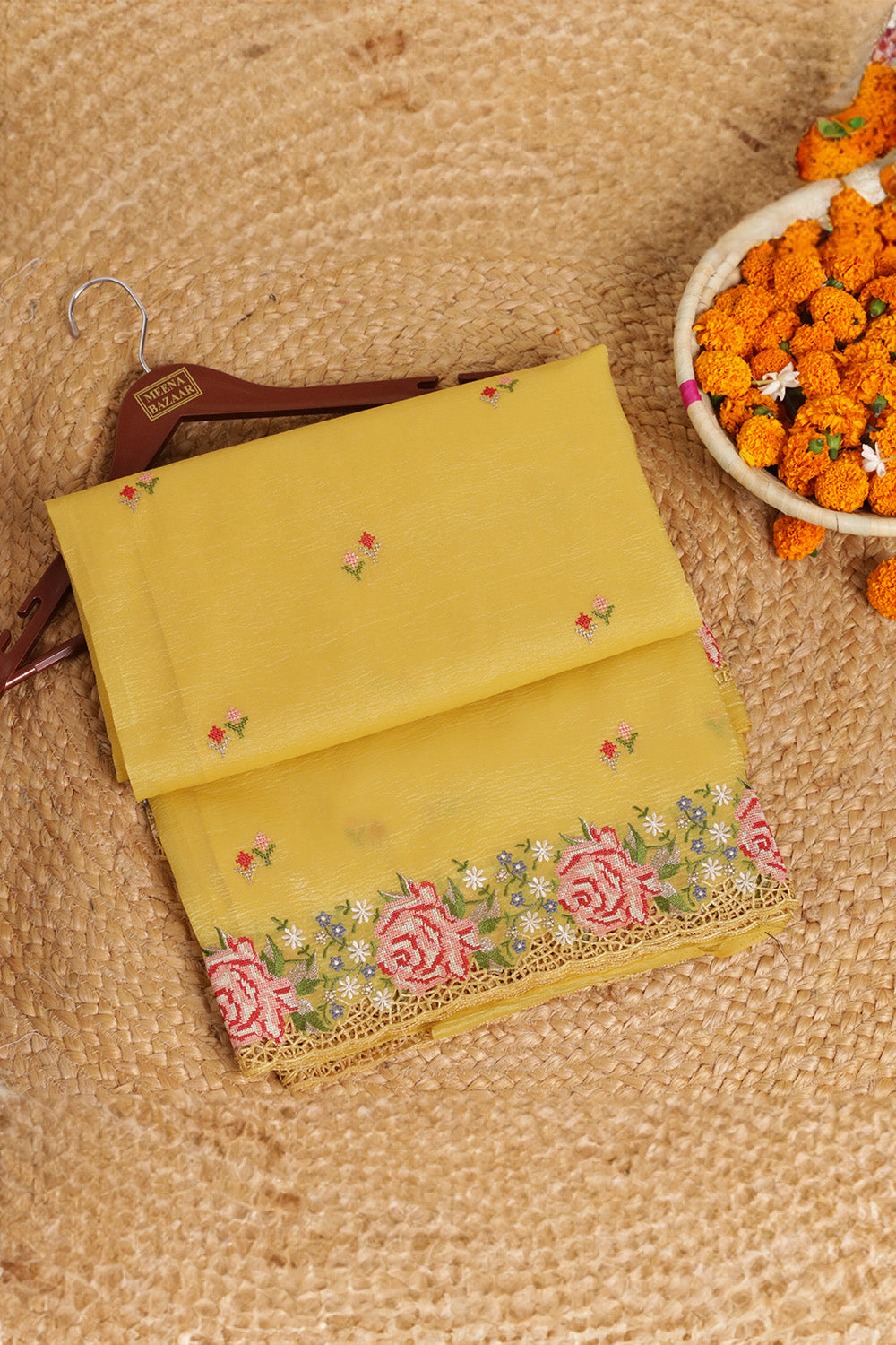 Lemon Yellow Color Tissue Resham Embroidered Saree