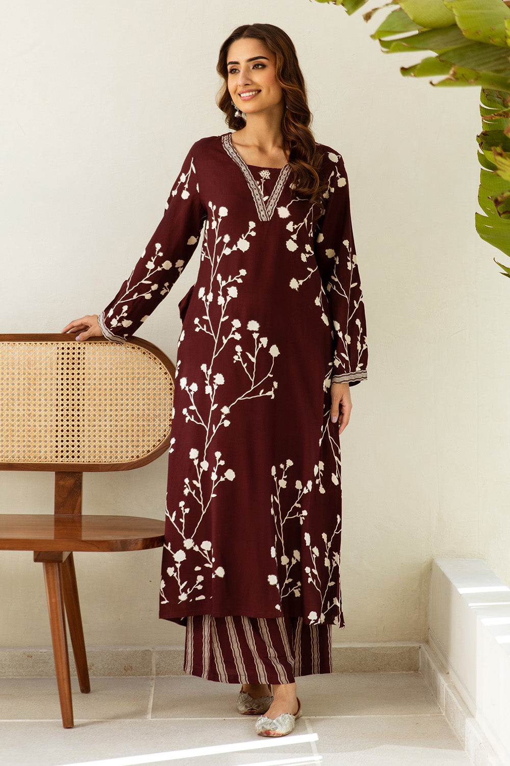 Dark Scarlet Color Rayon Floral Printed Long Kurti With Palazzo