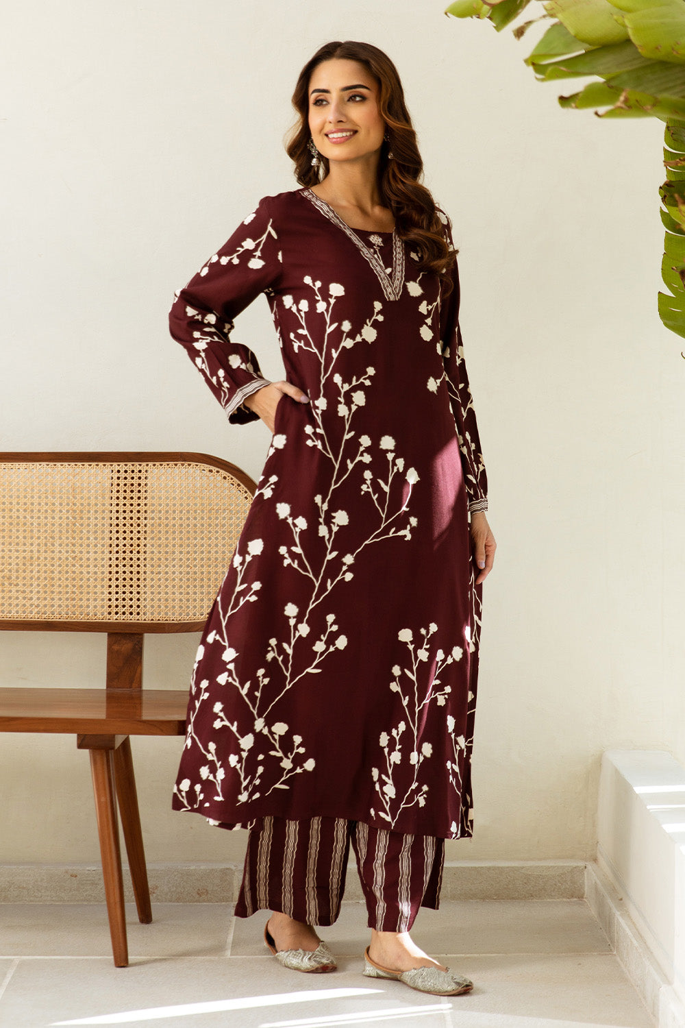 Dark Scarlet Color Rayon Floral Printed Long Kurti With Palazzo