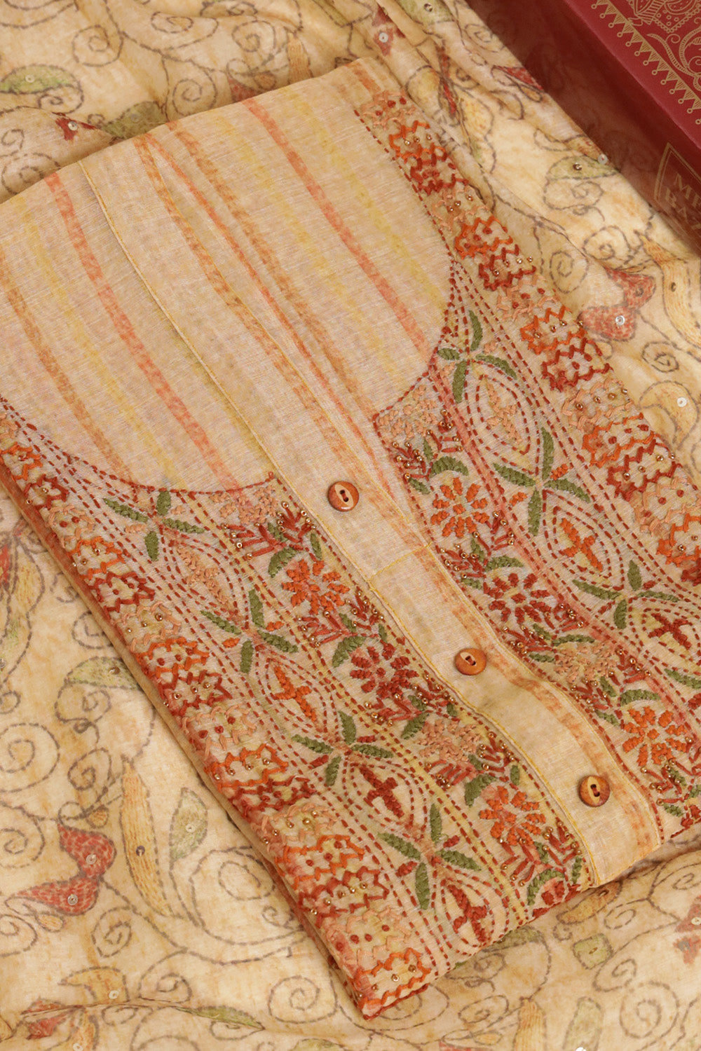 Beige Color Chanderi Cotton Neck Embroidered Unstitched Suit Material