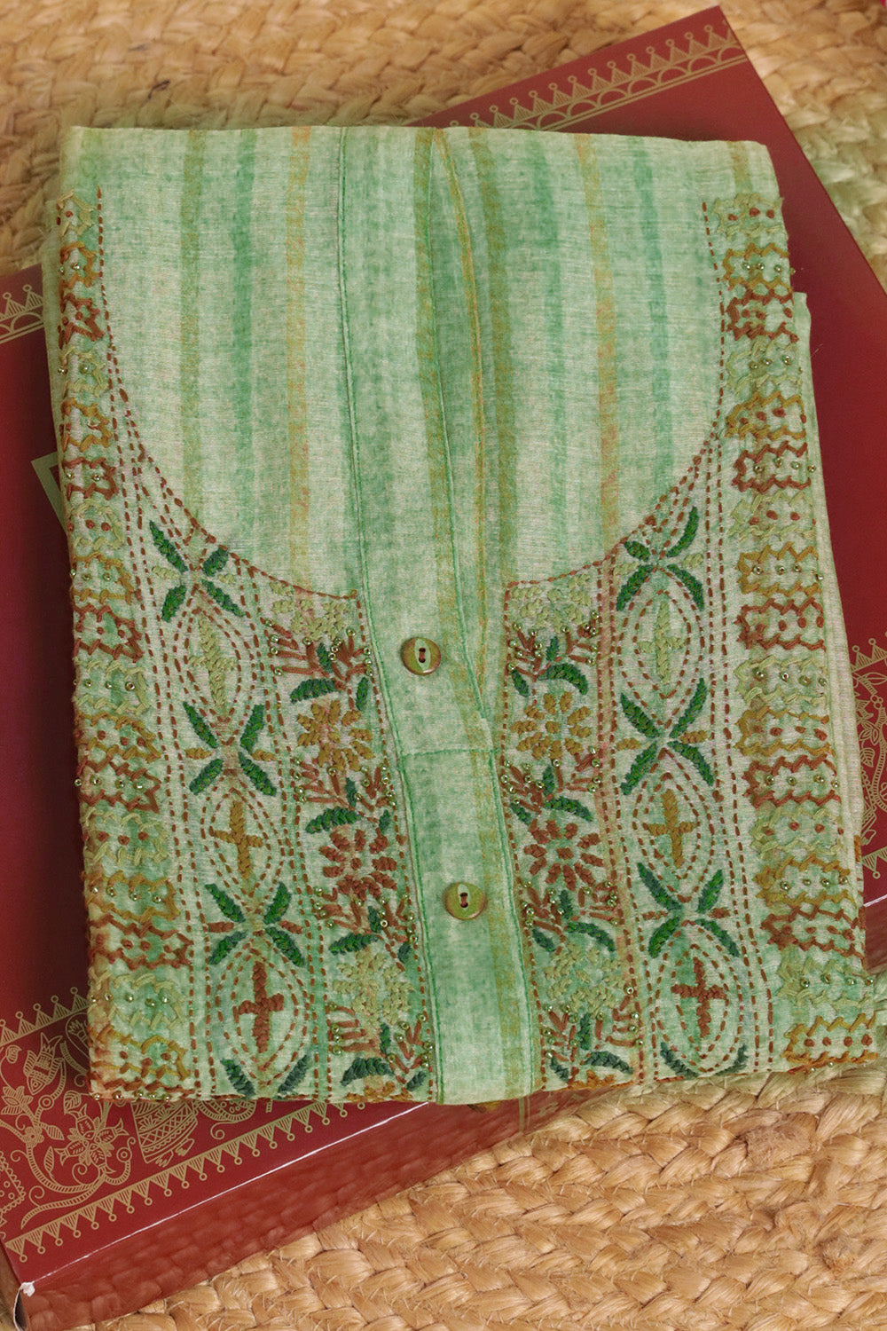 Sea Green Color Chanderi Cotton Neck Embroidered Unstitched Suit Material