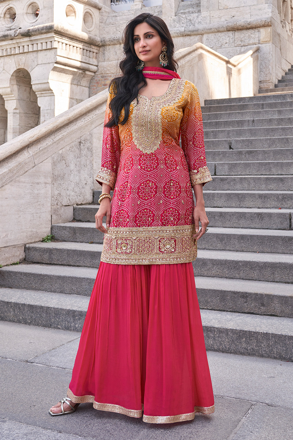 Fuchsia Pink  Crepe Silk Bandhani Printed And Embroidered Suit With Sharara