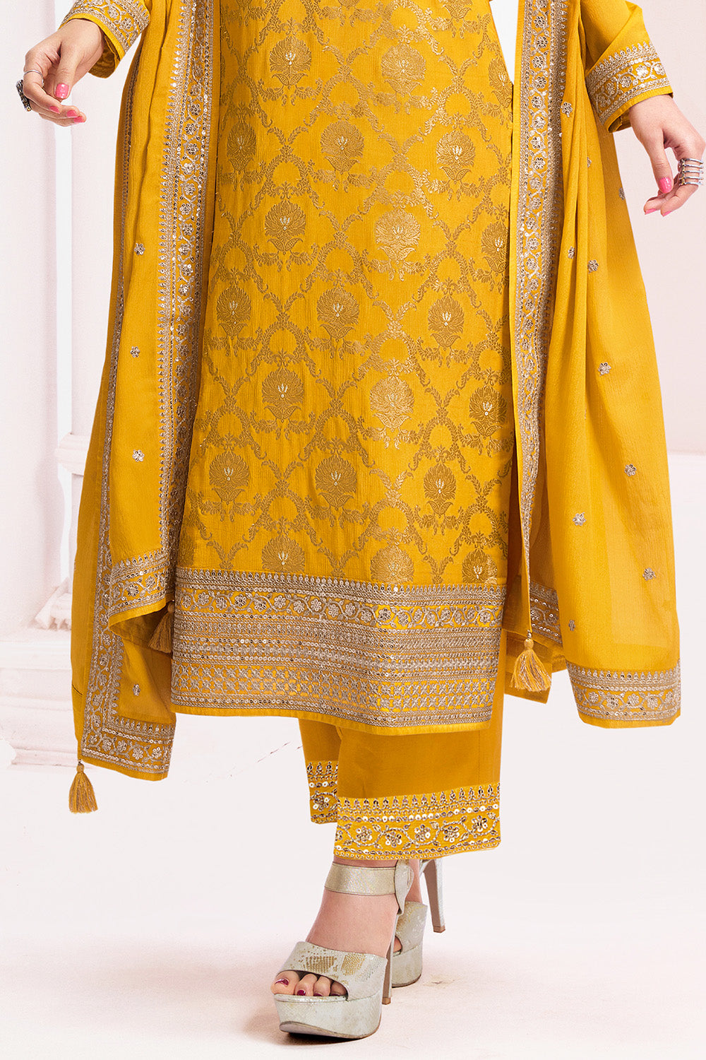 Mustard Color Zari Embroidered Banarasi Silk Unstitched Suit Fabric