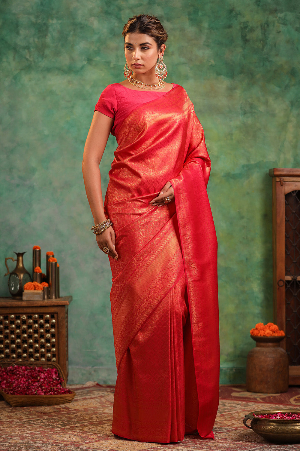 Deep Carmine Pink Colour Silk Zari Woven Saree