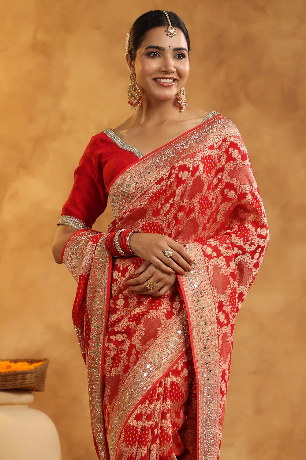 Red Color Khhadi Georgette Woven Saree