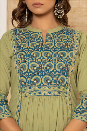 Sage Green Color Printed Cotton Anarkali Suit