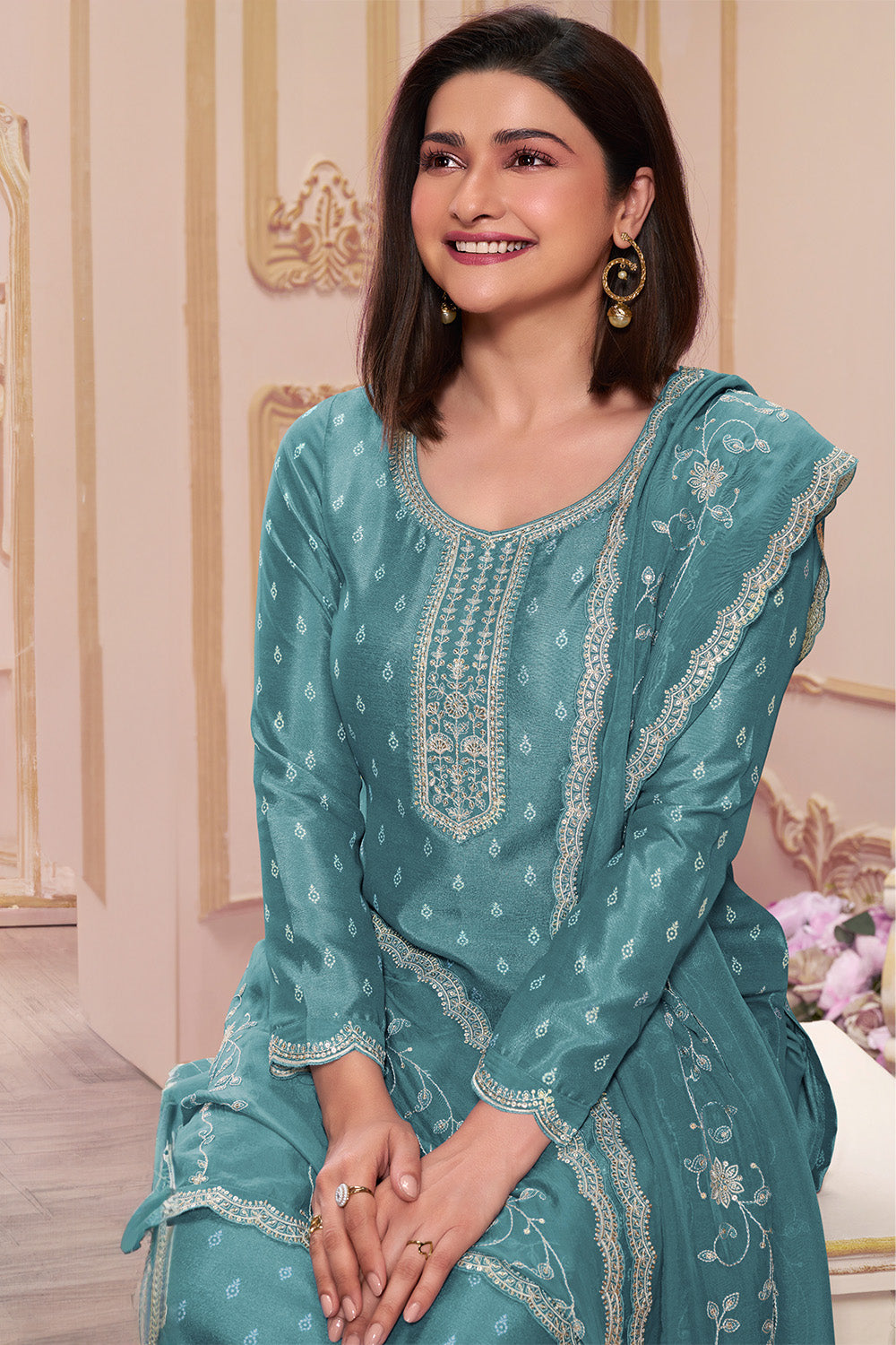 Stone Blue Color Embroidered Silk Unstitched Suit Material