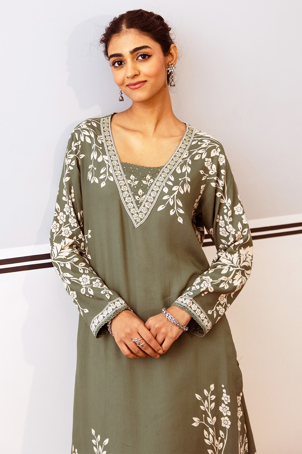 Green Color Floral Rayon Printed Kurta Set With Palazzo