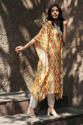 Cream & MustardColor Muslin Printed Kaftan Set