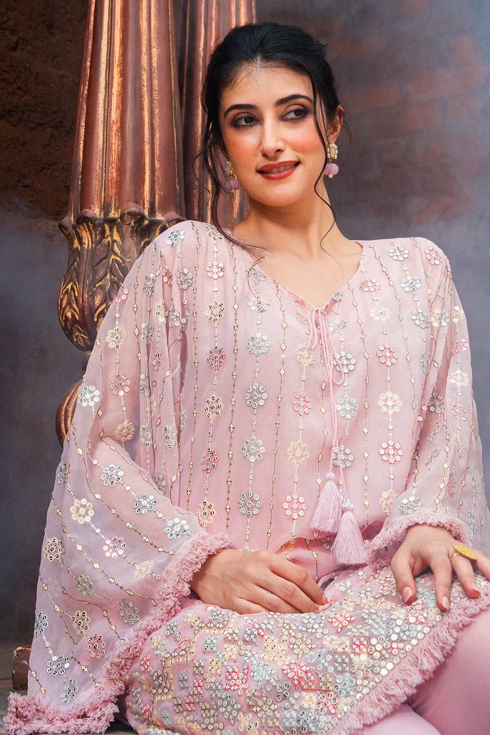 Rose Pink Color Georgette Mirror & Thread Embroidered Kurta Set