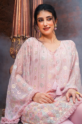 Rose Pink Color Georgette Mirror & Thread Embroidered Kurta Set