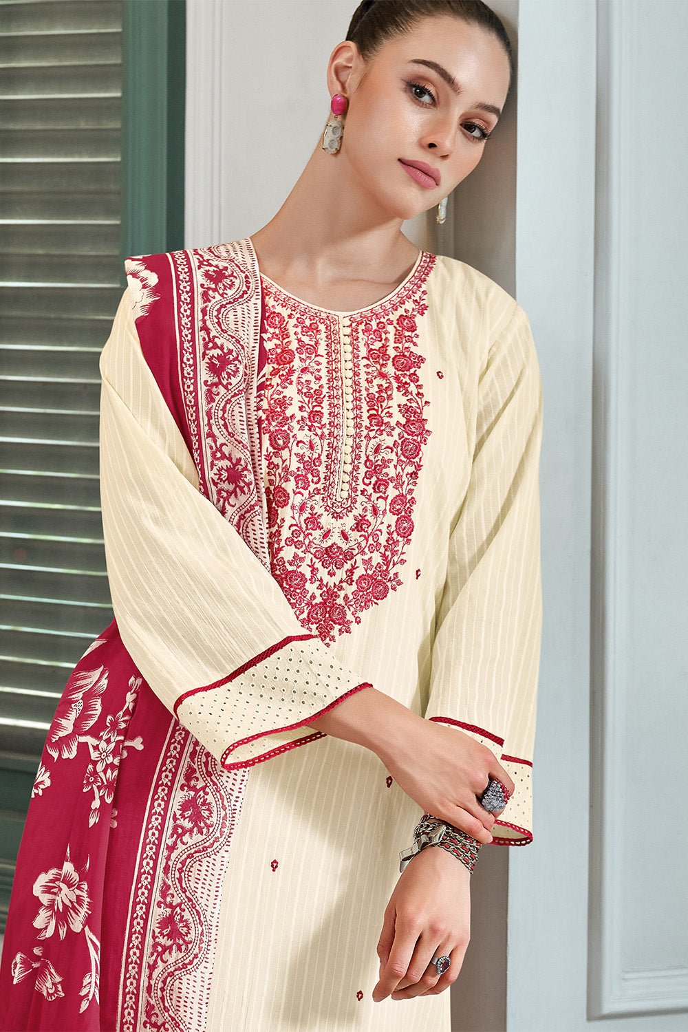 Red & Cream Color Embroidered Unstitched Suit Material